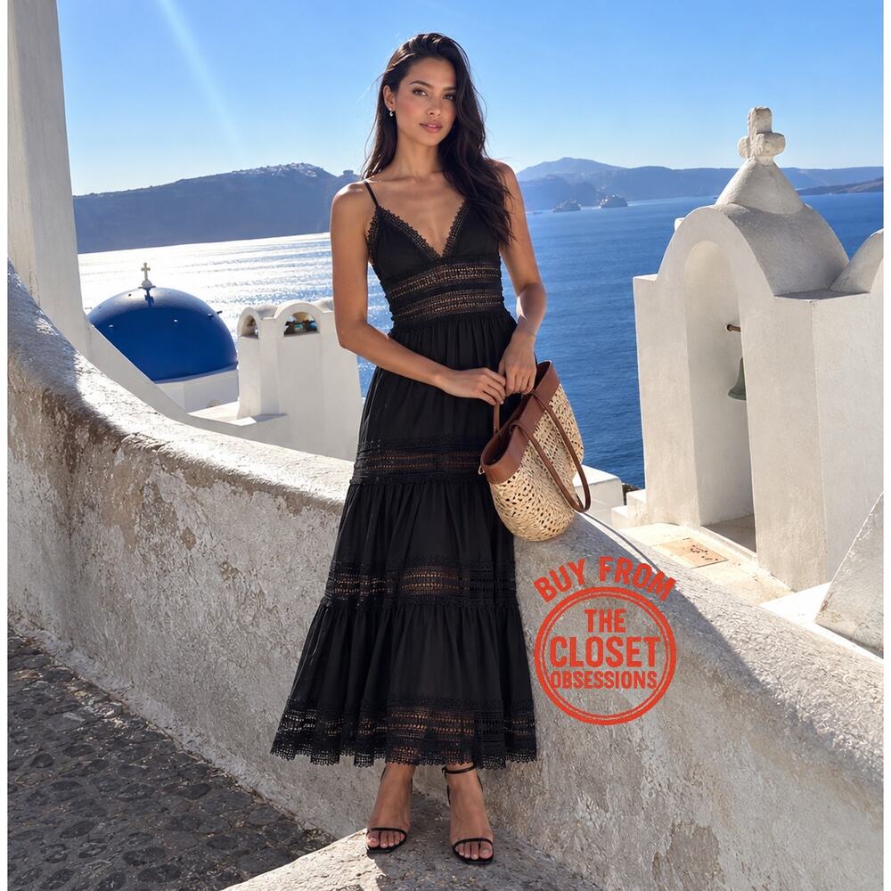 Mango NWT Black Lace Panel A Line Maxi Dress 4 8 - Picture 7 of 16